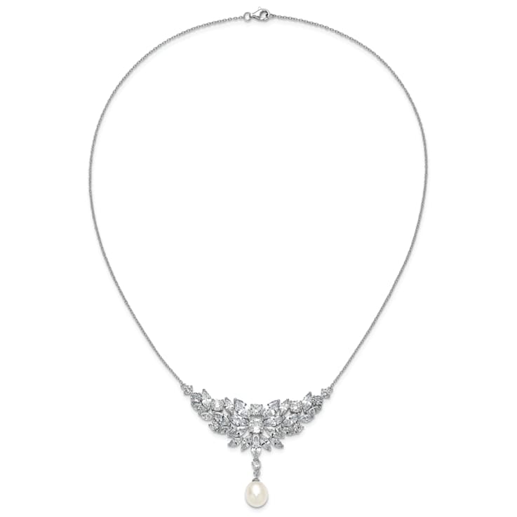 Rhodium Over Sterling Silver Fancy Freshwater Cultured Pearl and Cubic
Zirconia Necklace
