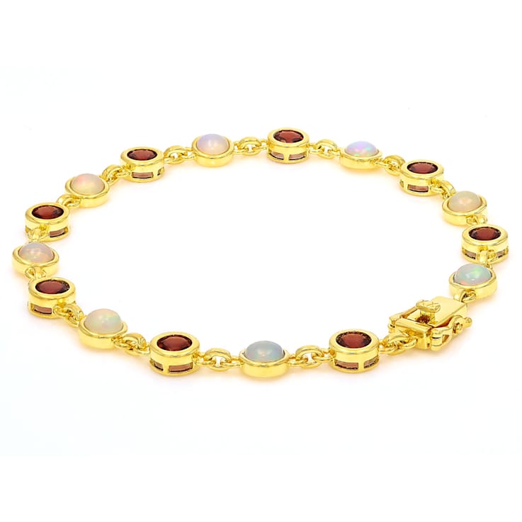 Opal And Garnet Tennis Bracelet In 18K Gold Over Sterling Silver 6.14ctw