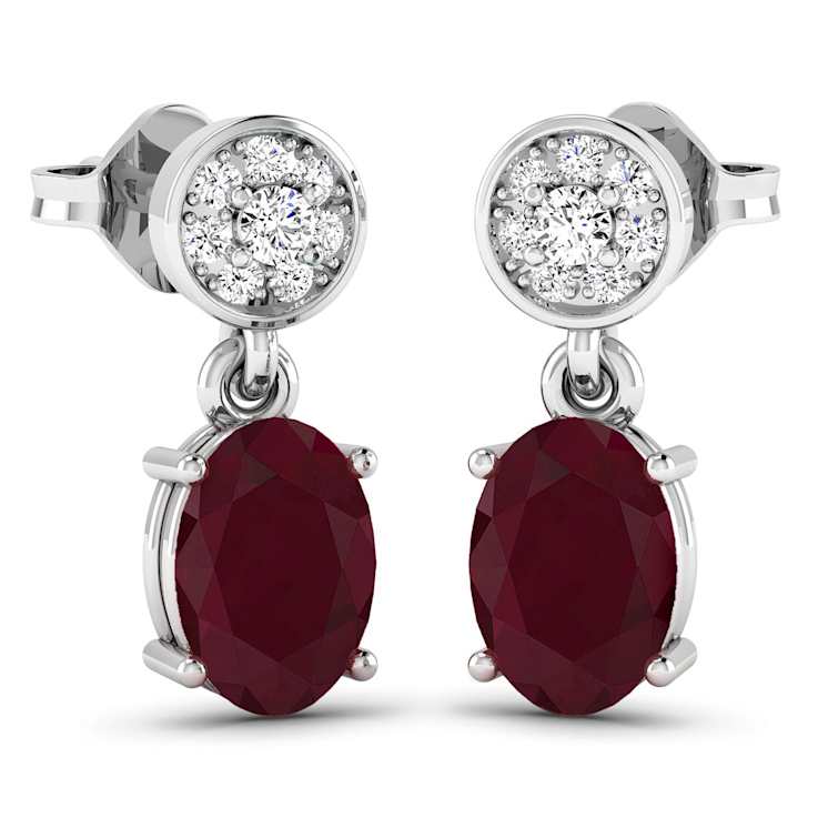 1.70ctw 14K White Gold  Red Ruby and White Diamond Halo Earrings