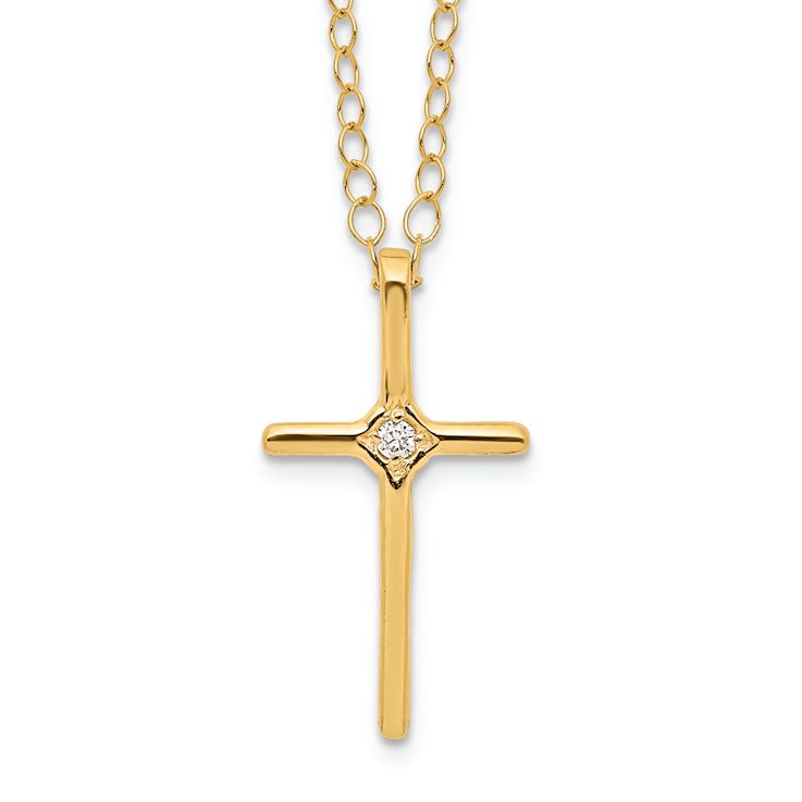 14k Yellow Gold Children's Natural Round Diamond Cross Pendant With 15
Inch Cable Chain
