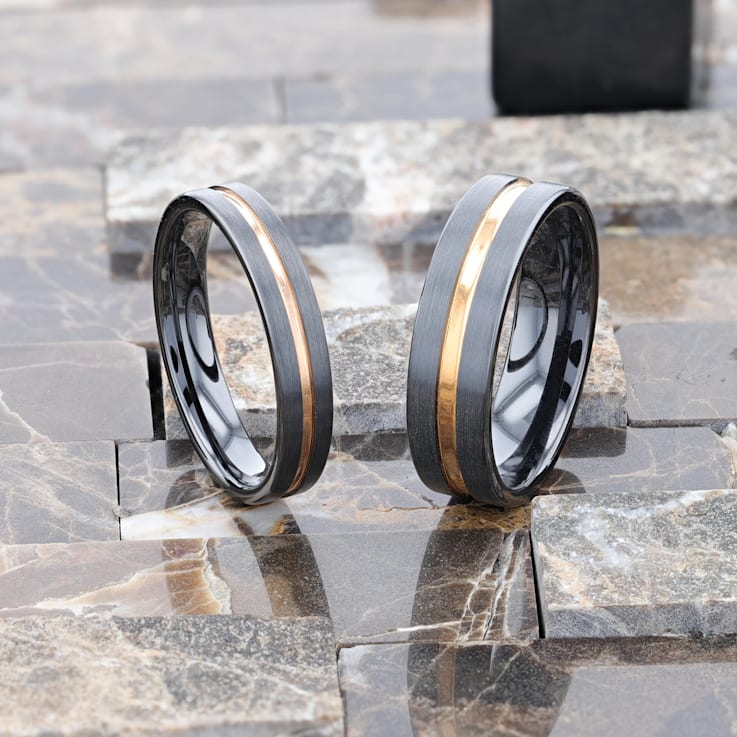 VENICE Black Ceramic Wedding Band with Rose Gold Groove 4mm