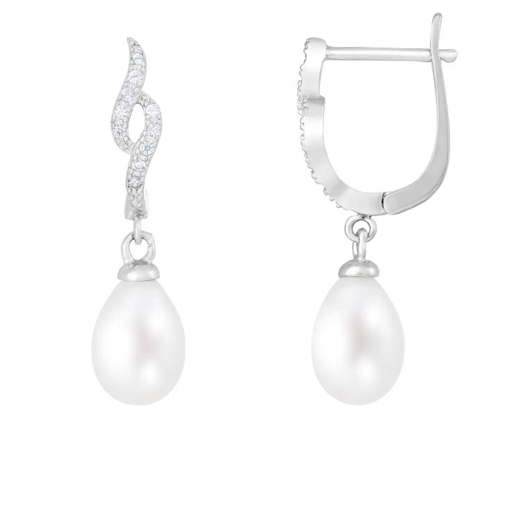 7-8mm White Cultured Freshwater Pearl and Cubic Zirconia Rhodium Over
Sterling Silver Earrings