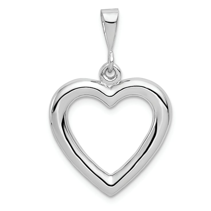 Rhodium Over 14k White Gold 3D Solid Polished Heart Pendant