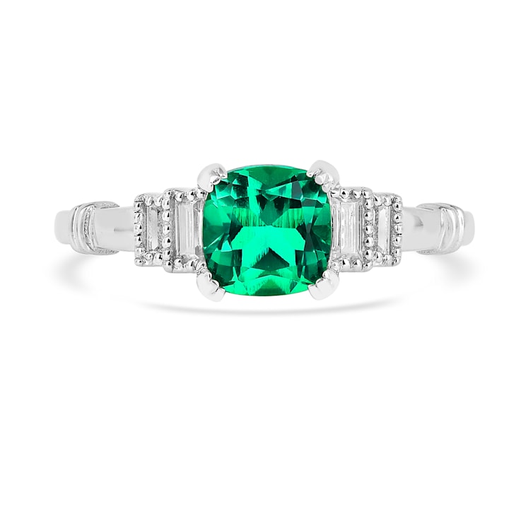 Green Lab Created Emerald and Moissanite Rhodium Over Sterling Silver
Center Design Ring
