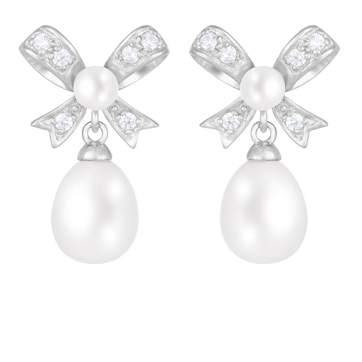 4.5-8.5mm White Cultured Freshwater Pearl and Cubic Zirconia Rhodium
Over Sterling Silver Earrings