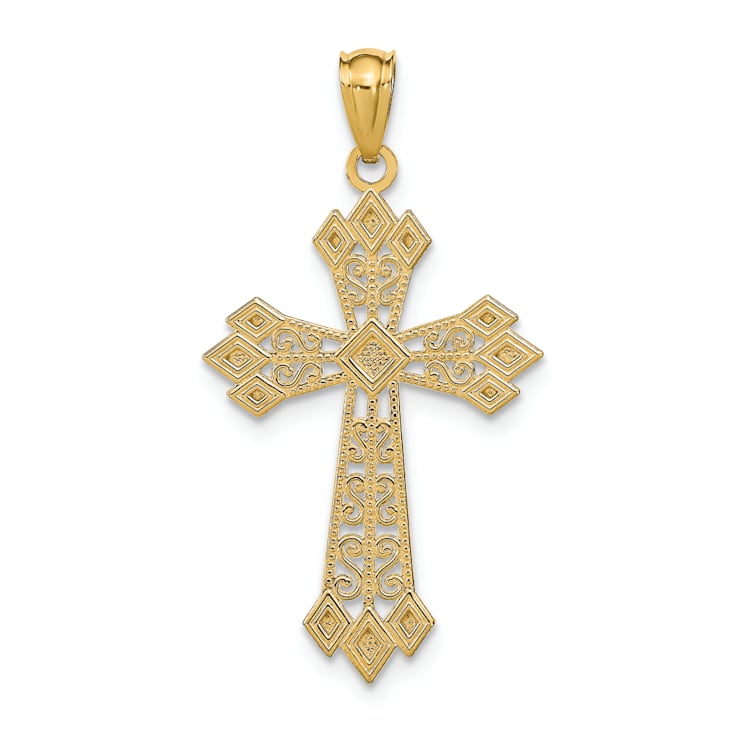 14k Yellow Gold Diamond-Cut Polished Filigree Cross Pendant