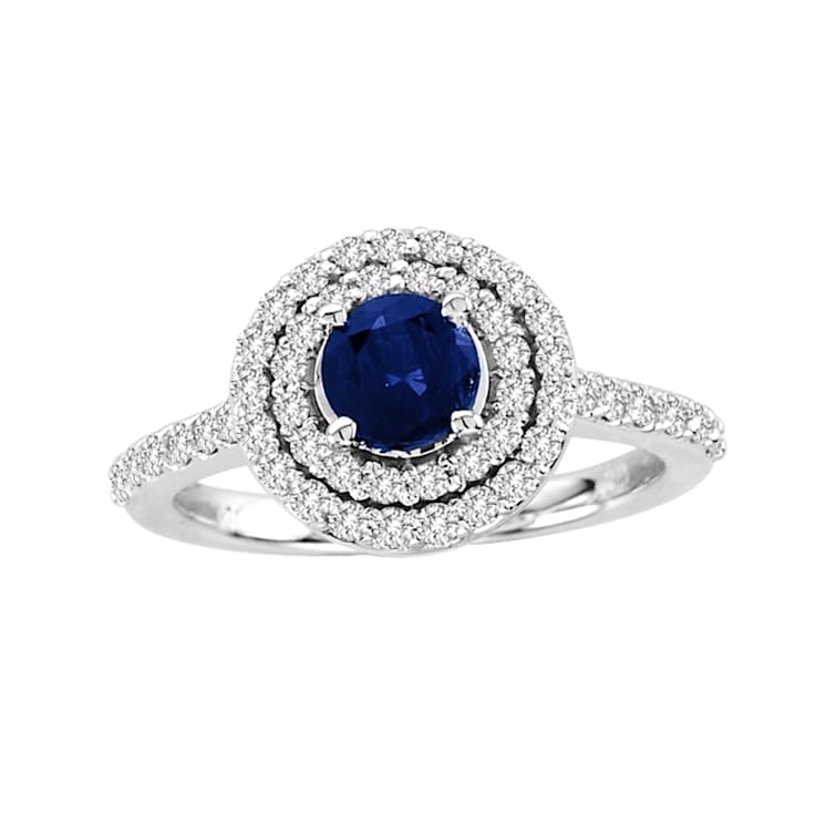Sapphire and Diamond 14k White Gold Double Halo Engagement Ring 1.25ctw