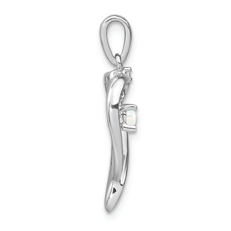 Rhodium Over 14k White Lab Gold Created Opal and Diamond Heart Pendant