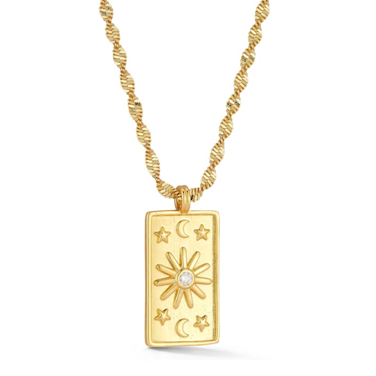 Rachel Zoe CZ Celestial Tag Pendant Necklace in 14K Gold Over Brass