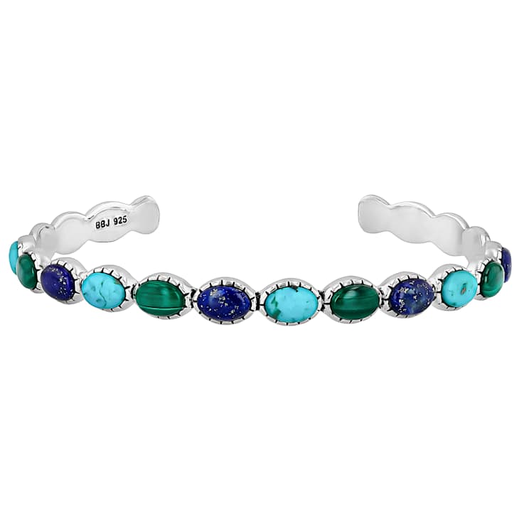 Blue Turquoise, Lapis Lazuli And Malachite Oxidized Silver Bangle 7x5mm
