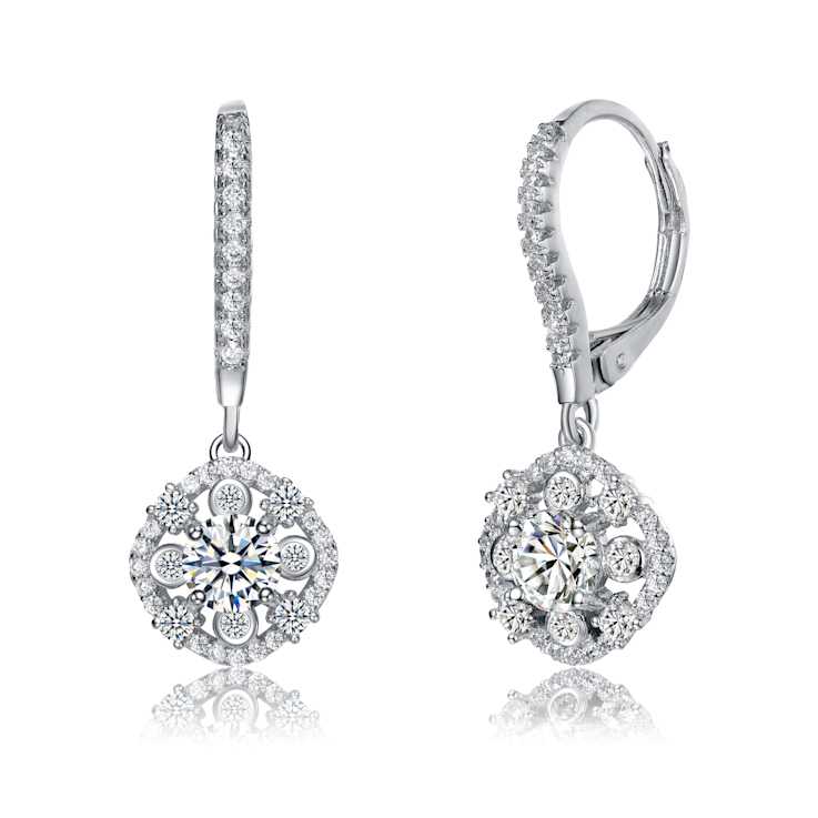 CZ Leverback Drop Earrings In Rhodium Over Brass