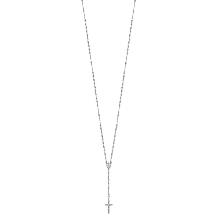 Rhodium Over 14K White Gold Polished Faceted Beads Rosary 18-inch Necklace