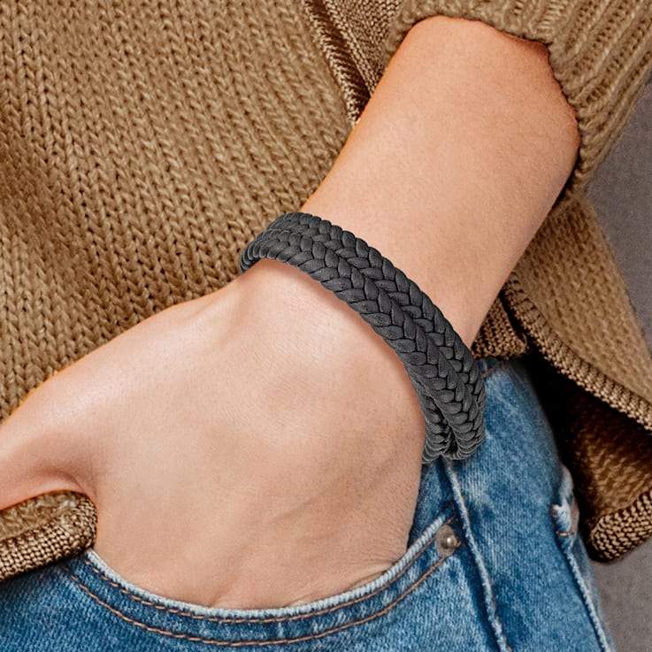 Black Braided Leather and Stainless Steel Brushed 23-inch Wrap Bracelet