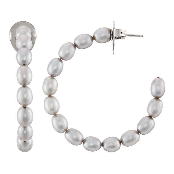 5x3mm Oval Gray Freshwater Pearl Sterling Silver Hoop Earrings