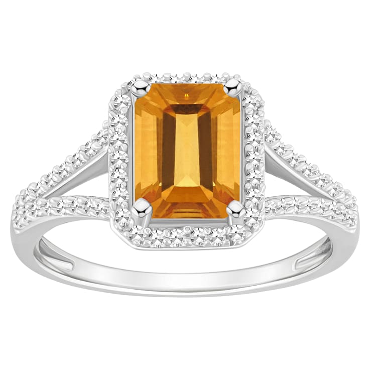 8x6mm Emerald Cut Citrine 1/4 ctw Diamond Rhodium Over Sterling Silver
Halo Ring