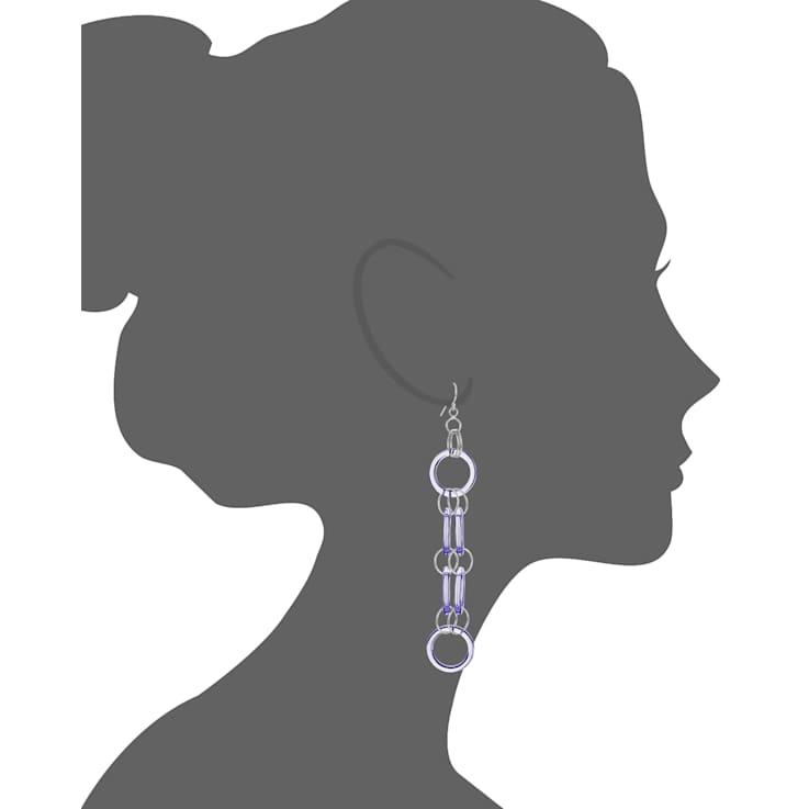 Rhodium Over Sterling Silver Purple Acrylic Circle Links Drop and Dangle Earrings
