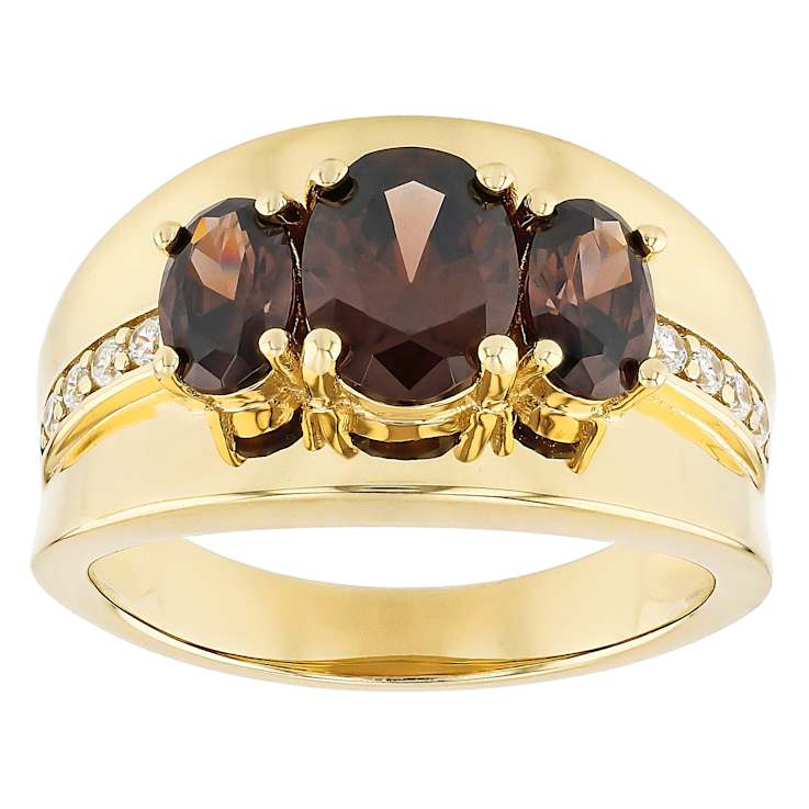 Mocha And White CZ 3-Stone Ring In 18K Gold Over Sterling Silver