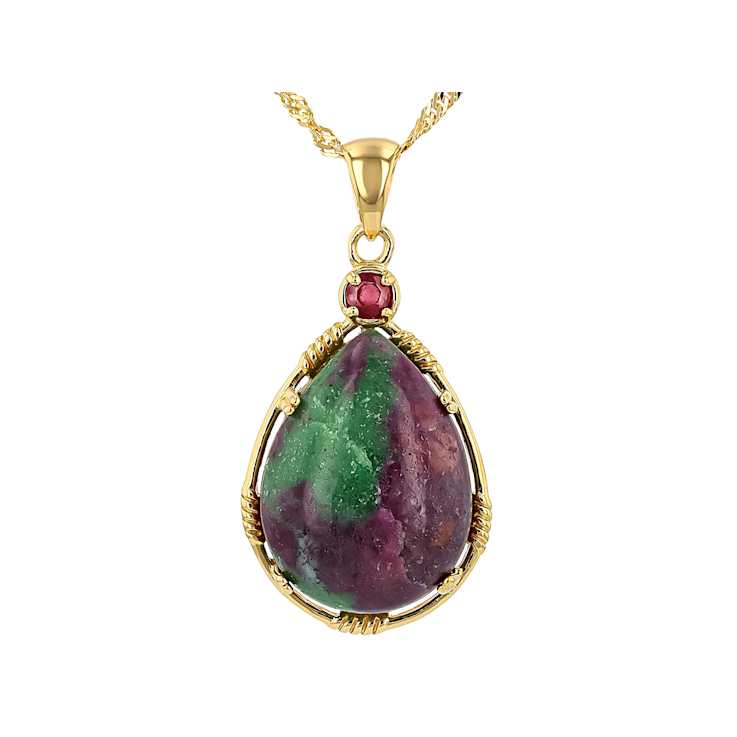 Ruby Zoisite Pear And Ruby Accent Pendant Necklace In 18K Gold Over
Sterling Silver 0.16ct