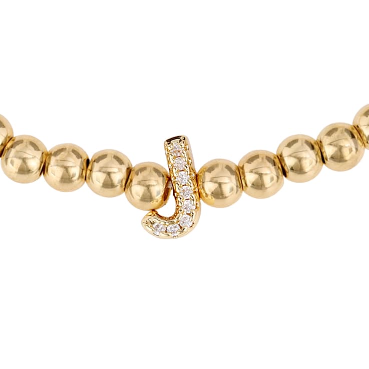 Initial J CZ Beaded Bracelet Set In 14K Gold Over Brass 0.07ctw