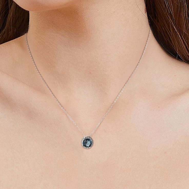 London Blue Topaz with White Topaz Halo Rhodium Over Sterling Silver Necklace