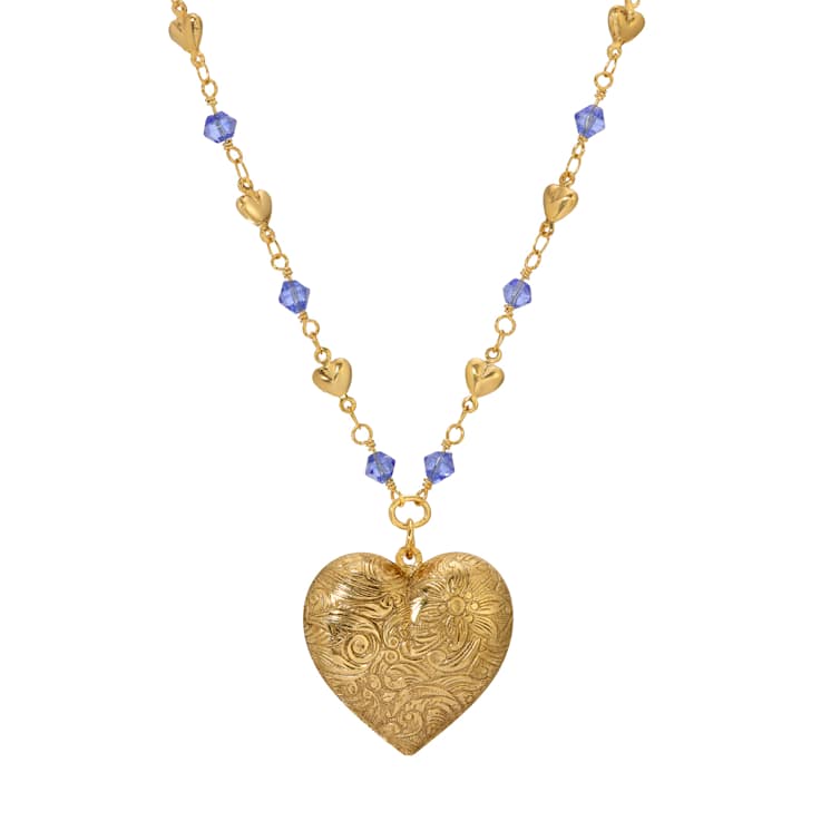 Yellow Base Metal Heart Locket Blue Beaded Chain Necklace 18"