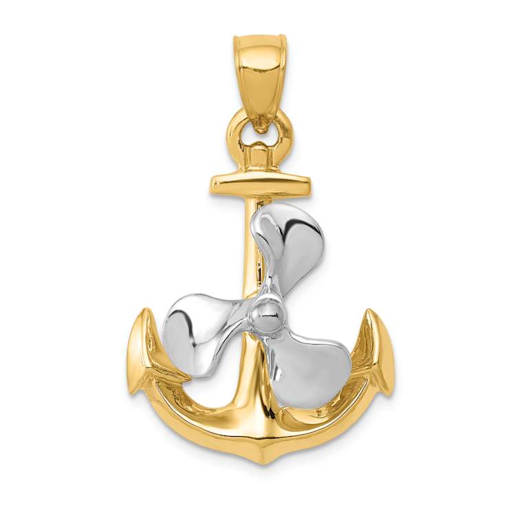 14K Two-tone Gold  3D Anchor with Moveable Propeller Pendant