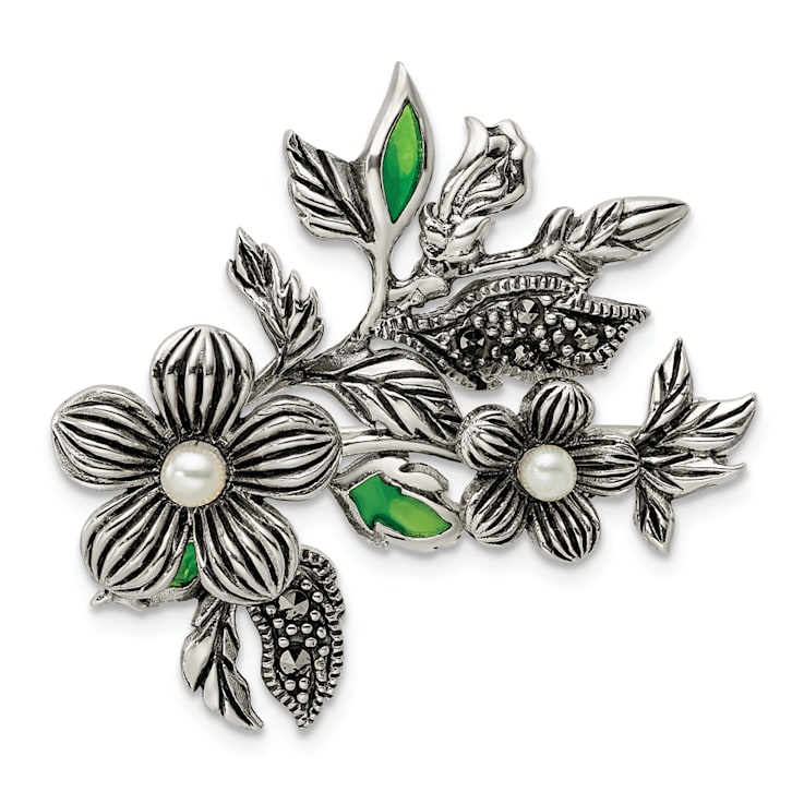 Sterling Silver Antiqued Freshwater Cultured Pearl/Marcasite/Enamel
Flower Pin