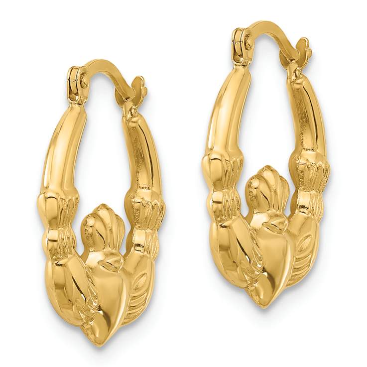 14k Yellow Gold 11/16" Polished and Textured Claddagh Hoop Earrings