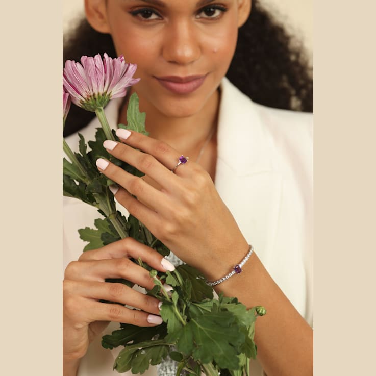 Purple Amethyst with Moissanite Accents Rhodium Over Sterling Silver Bracelet