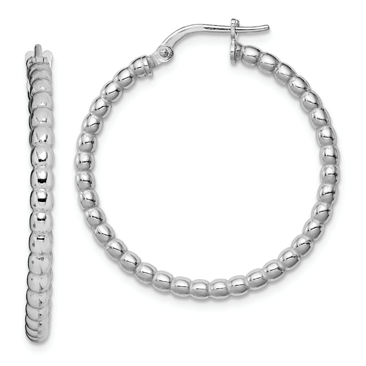 Rhodium Over Sterling Silver Beaded 3x25mm Hoop Earrings