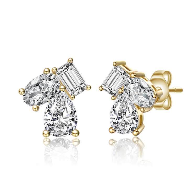 CZ Three-Stone Cluster Stud Earrings In 14K Gold Over Sterling Silver
