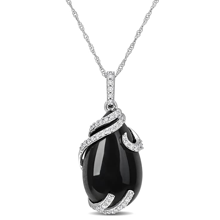 Black Onyx & Diamond 10K White Gold Pendant With Chain 9.20ctw