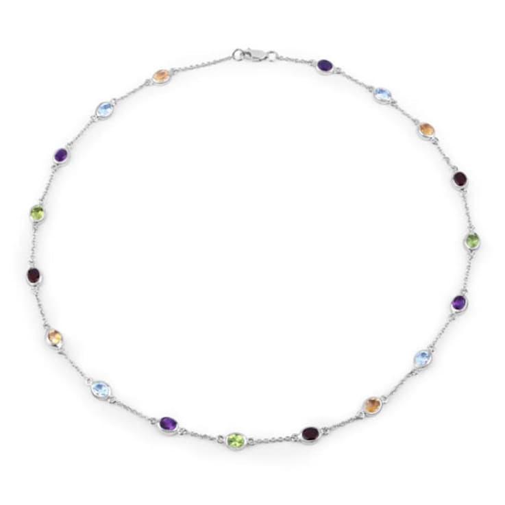 Multi Gemstone Rhodium Over Sterling Silver Station Necklace