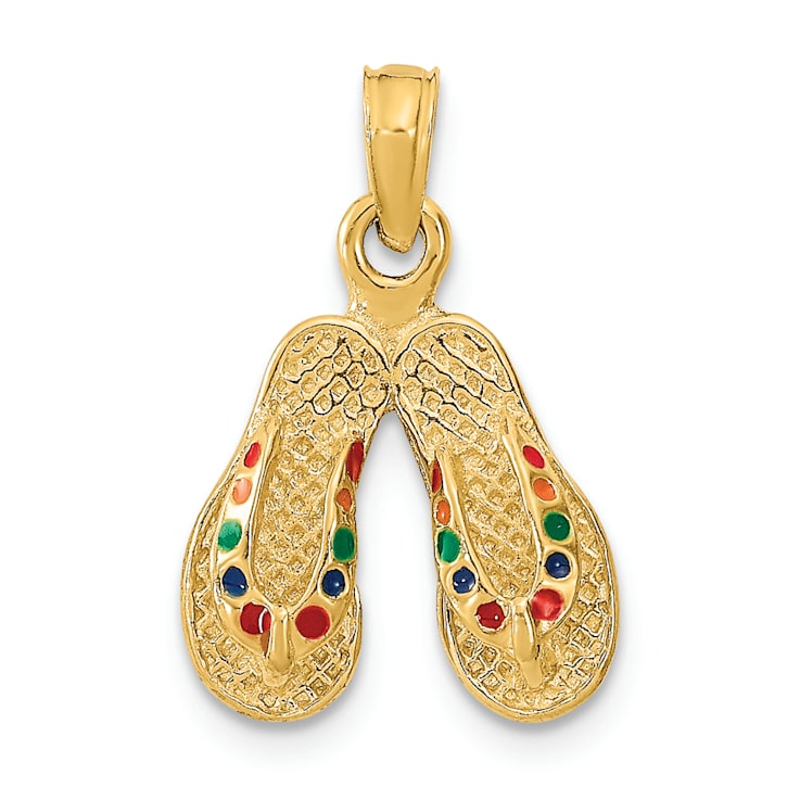14k Yellow Gold 3D with Multi-Color Enamel Double Flip-Flop Charm