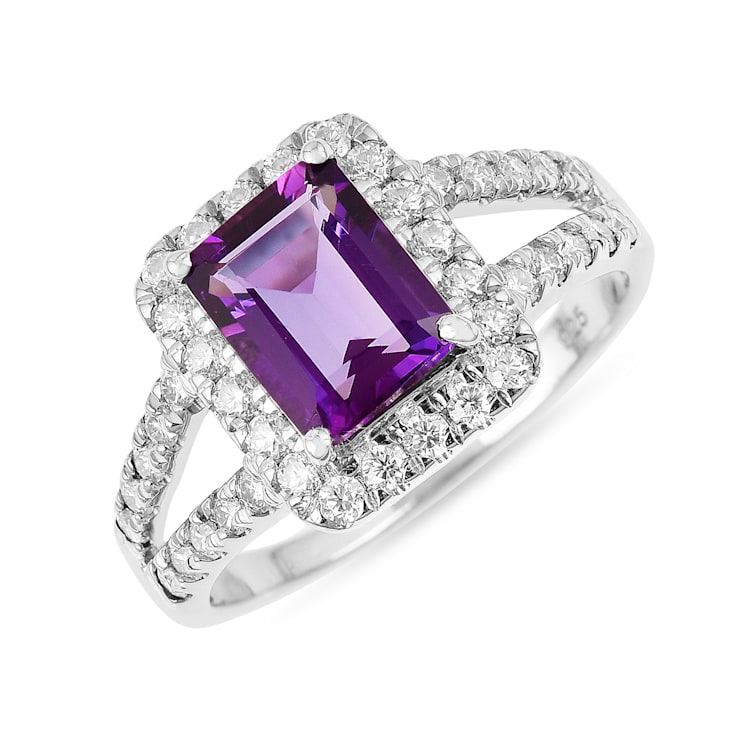 Amethyst with Moissanite Accents Rhodium Over Sterling Silver Split
Shank Ring