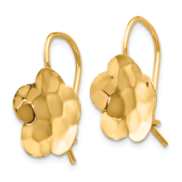 14k Yellow Gold Concave Hammered Flower Disc Earrings