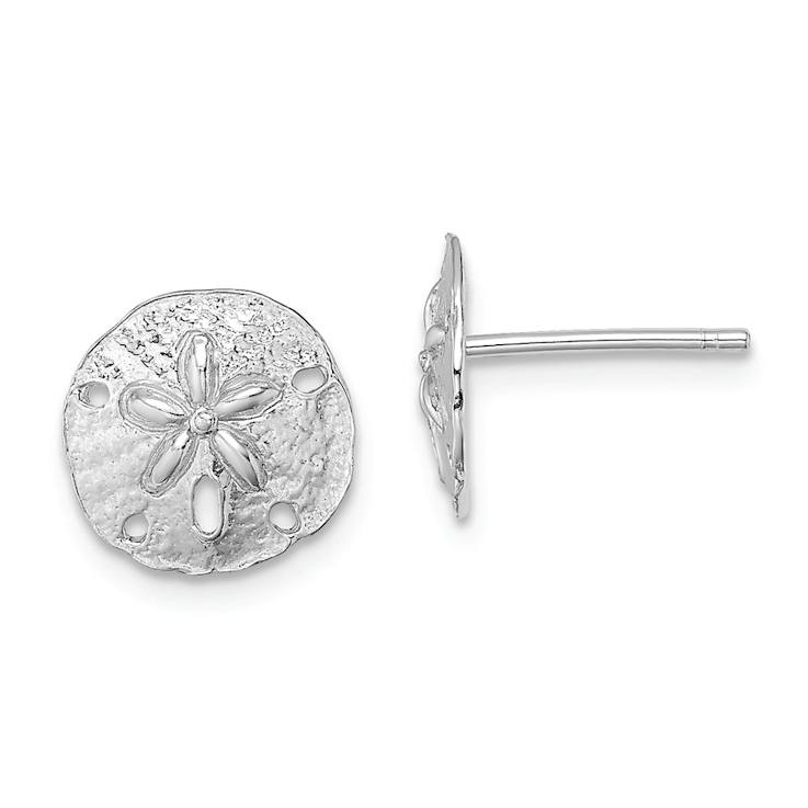 Rhodium Over 14k White Gold Polished and Textured Mini Sand Dollar Stud Earrings