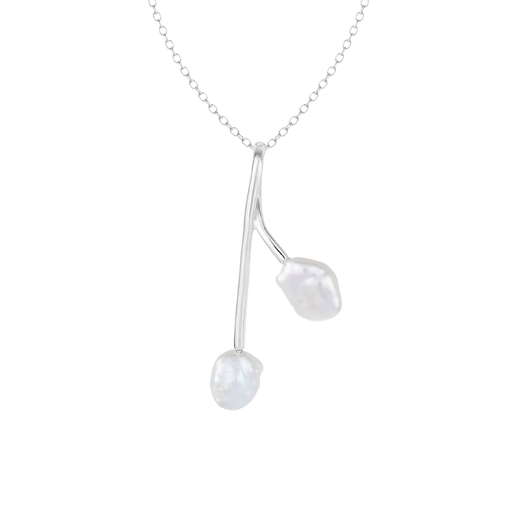 Dangling Keshi Freshwater Double Pearl Pendant in Rhodium Over Sterling
Silver, 18" Chain Included