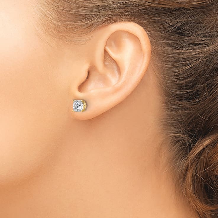 14K Yellow Gold 2.25ct. 6.0mm Cushion D E F Pure Light Moissanite Earrings