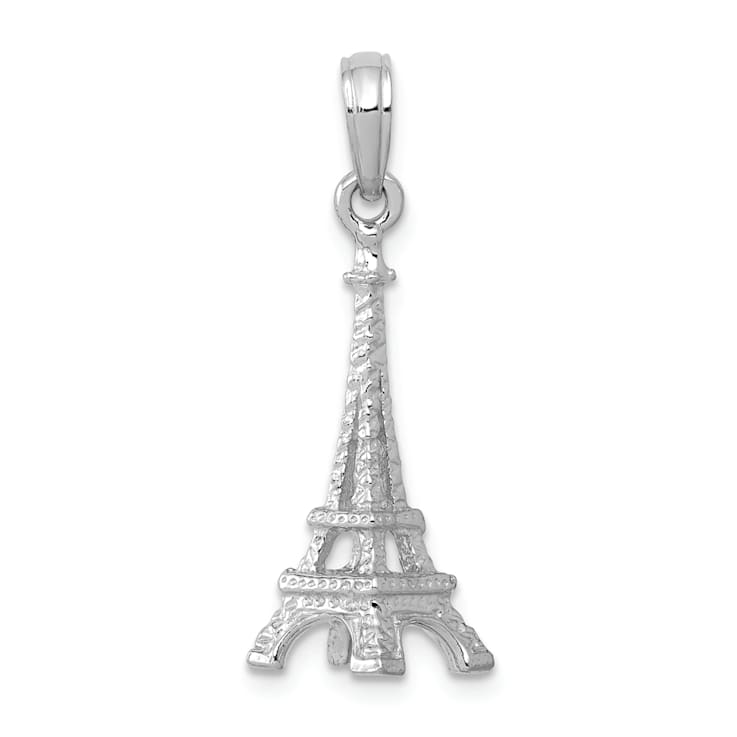 Rhodium Over 14k White Gold Solid Polished and Textured 3D Eiffel Tower Pendant