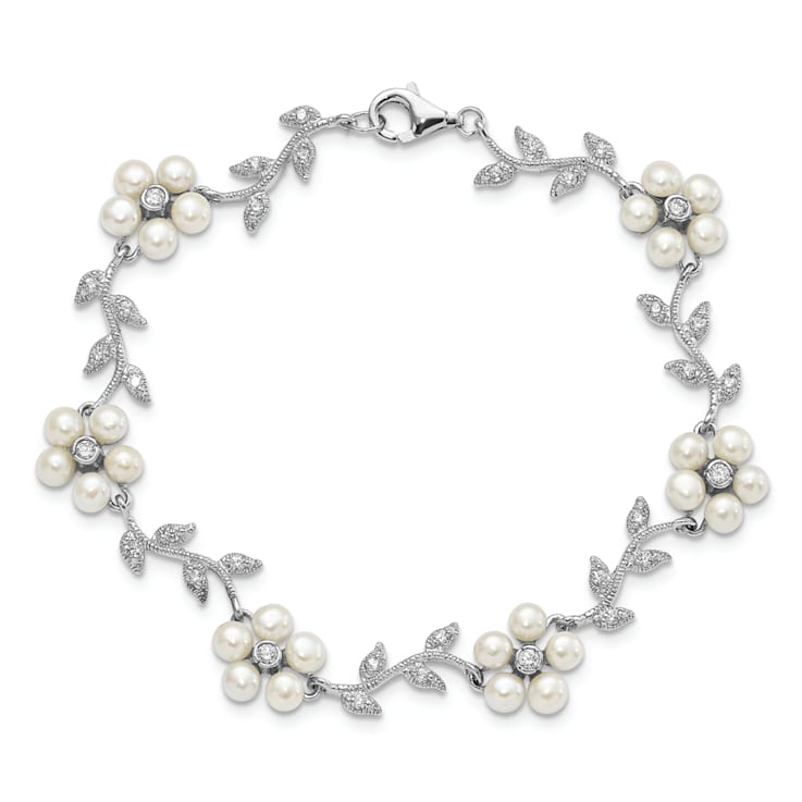 Rhodium Over Sterling Silver Freshwater Cultured Pearl and Cubic
Zirconia Floral Bracelet