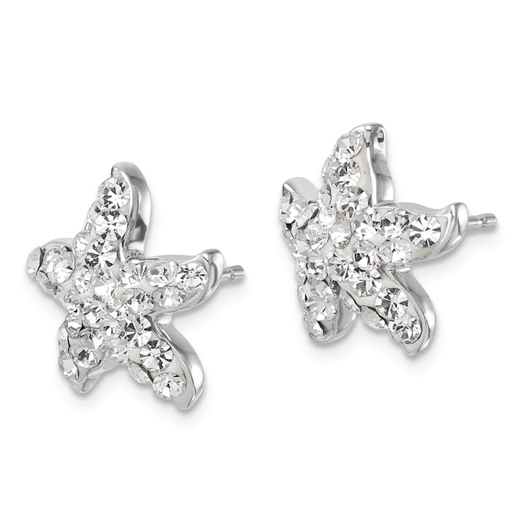 Rhodium Over Sterling Silver White Crystal Starfish Post Earrings