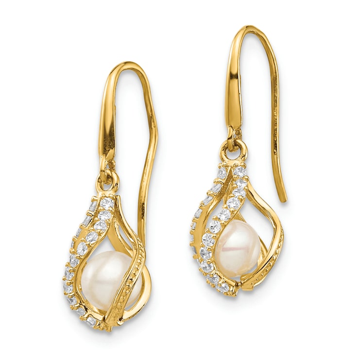 14K Yellow Gold White Freshwater Cultured Pearl and Cubic Zirconia Cage
Dangle Earrings