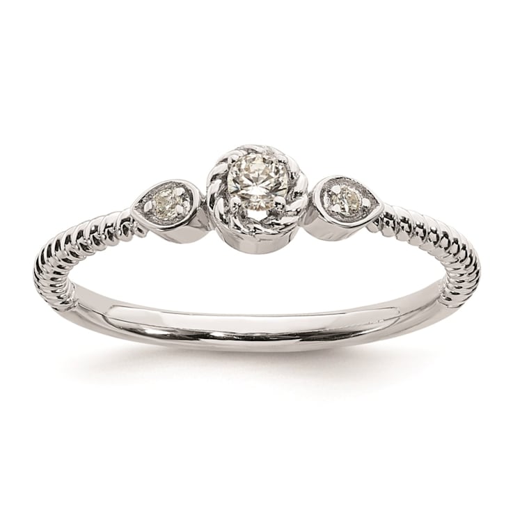 Rhodium Over 14K Gold Roped Band Petite Round Diamond Ring 0.10ctw