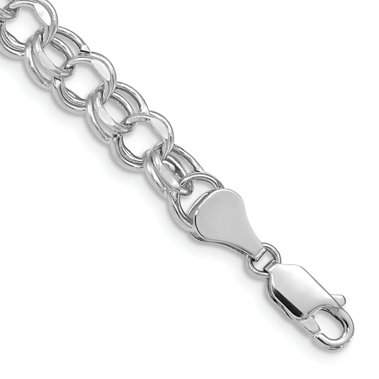 Rhodium Over 14k White Gold 6.5mm Diamond-Cut Double Link Charm Bracelet