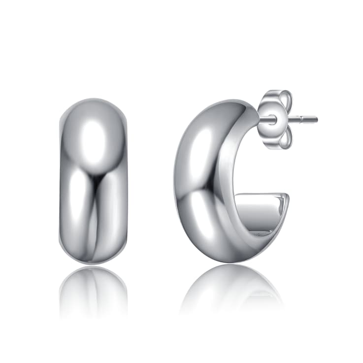Classic Tubular C-Hoop Earrings In Rhodium Over Brass