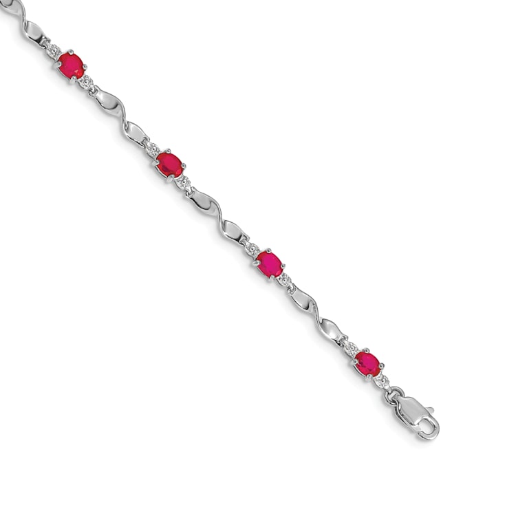 Rhodium Over 14k White Gold Diamond and Ruby Bracelet