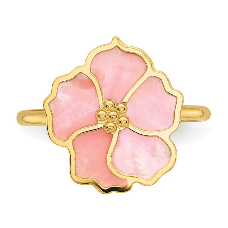 14K Yellow Gold Pink and White Mother of Pearl Flower Ring