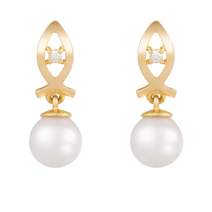 6-6.5mm Akoya Pearl and Diamond Accent 14K Yellow Gold Earrings, 0.08ctw