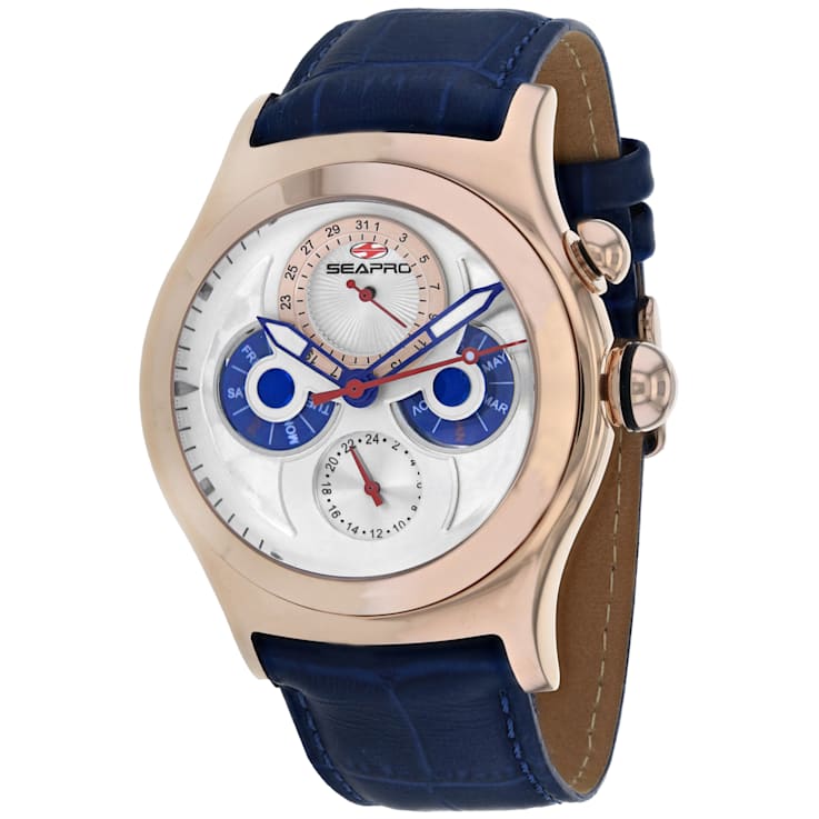 Seapro Men's Chronoscope White Dial, Rose Bezel, Blue Leather Strap Watch